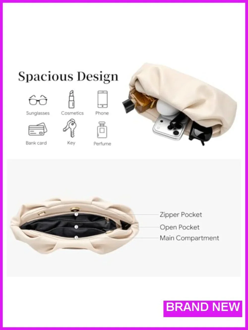 Cream Womens Clutch Purse with Gold Detachable Chain PU Leather Evening Bag